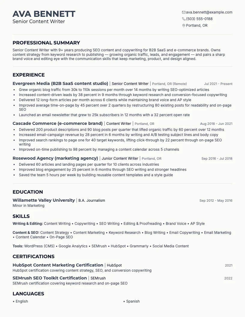 Content Writer resume example
