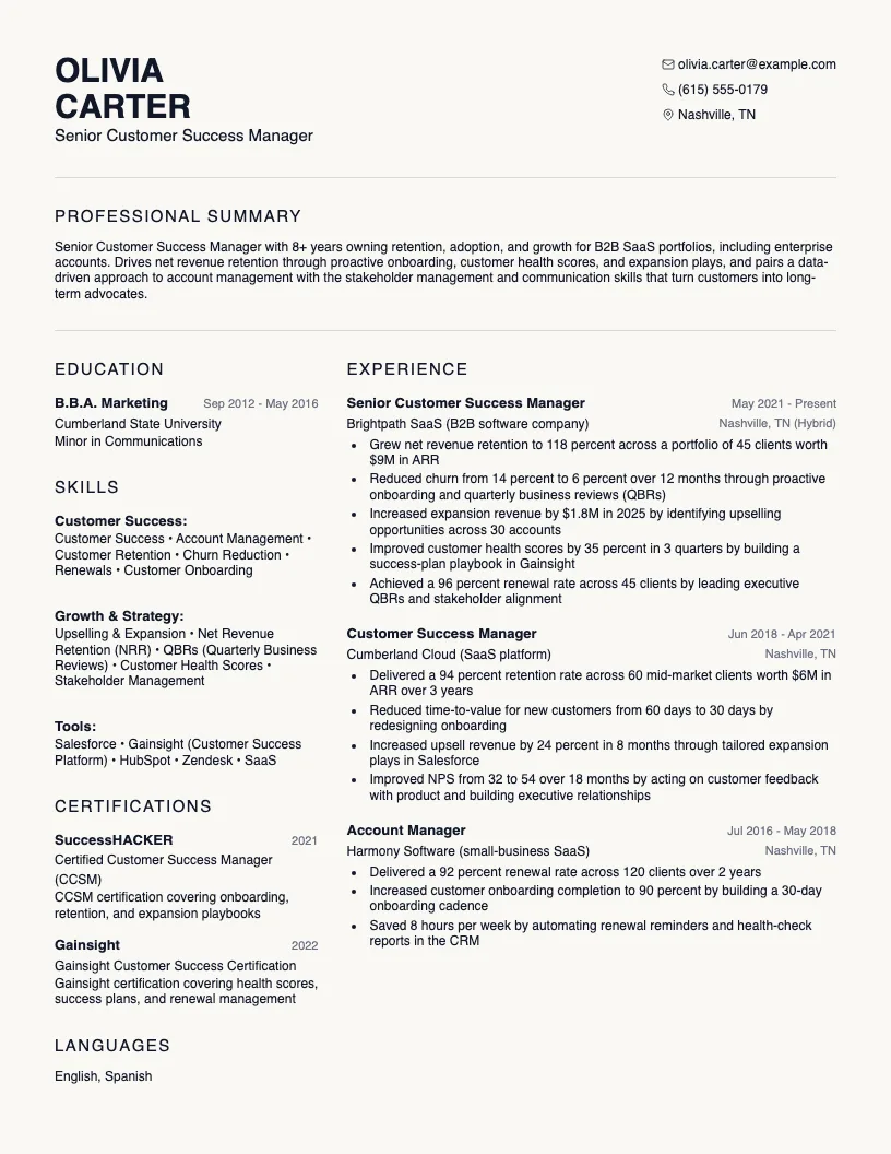 Customer Success Manager resume example