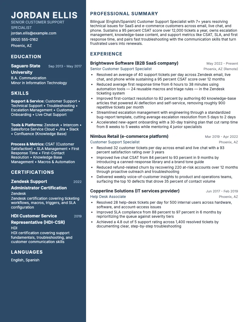 Customer Support Specialist resume example