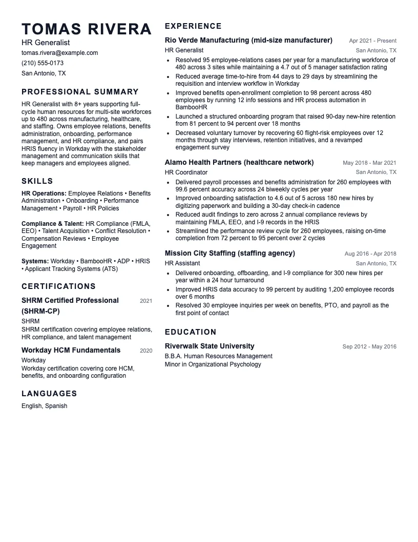 HR Generalist resume example