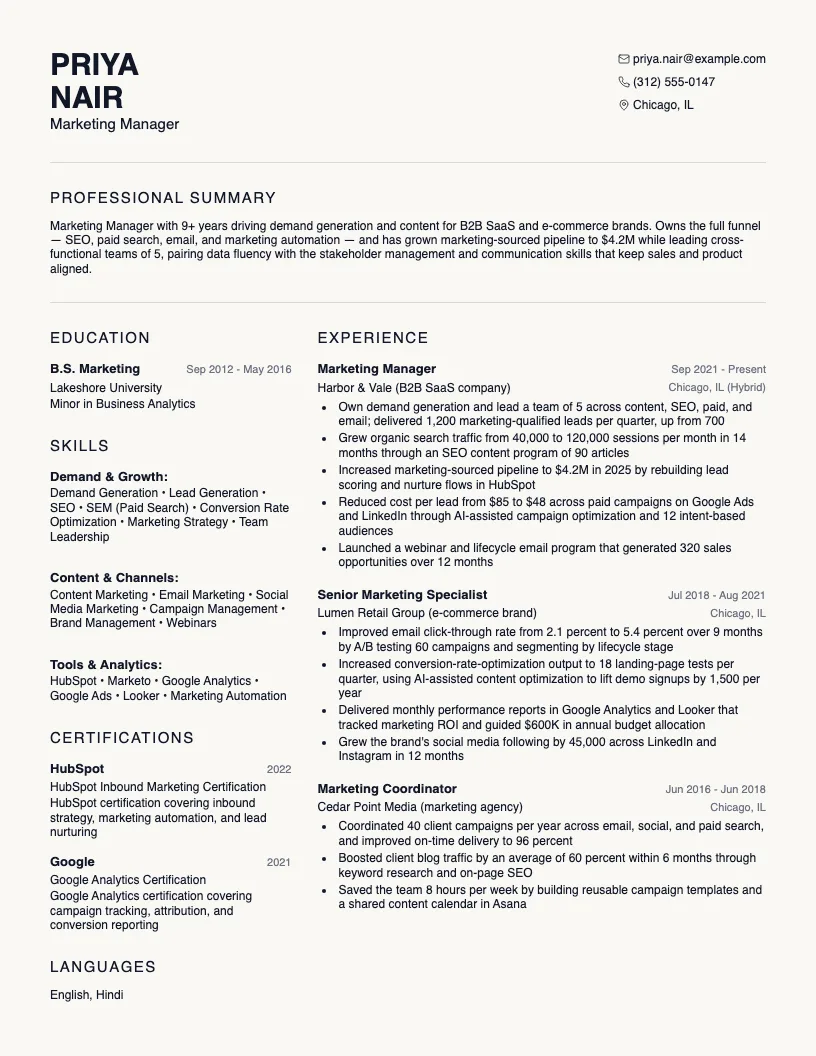 Marketing Manager resume example