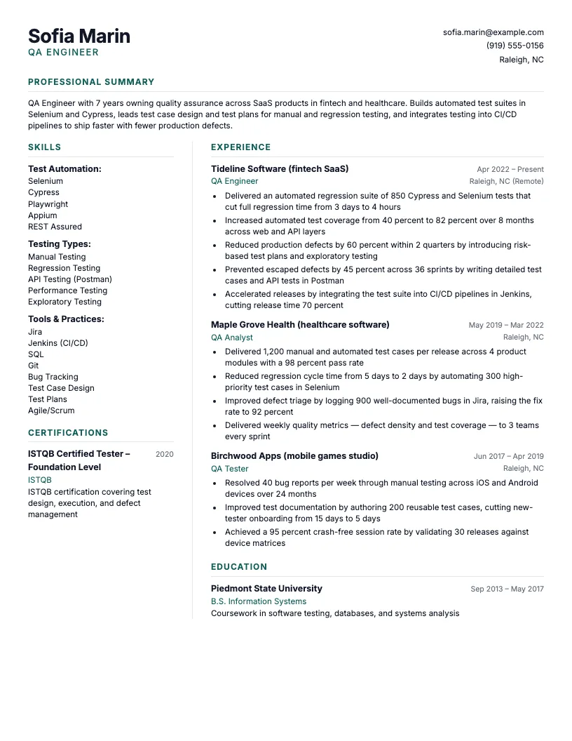 QA Engineer resume example