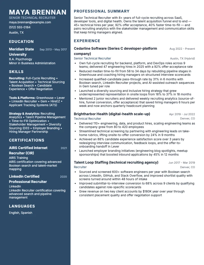 Technical Recruiter resume example