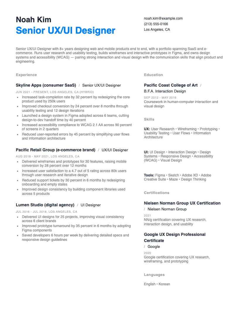 UX/UI Designer resume example